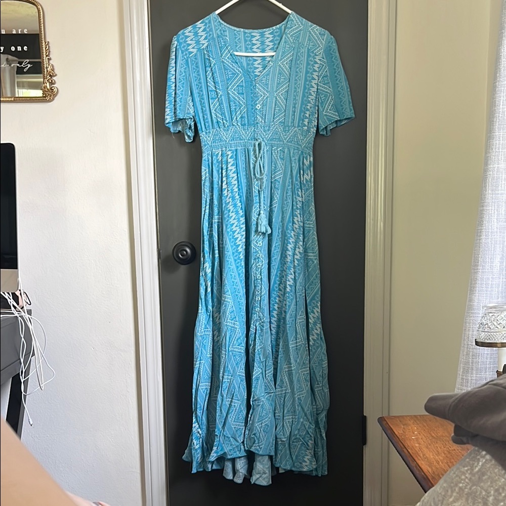 Aztec Blue Pleated Maxi Sundress